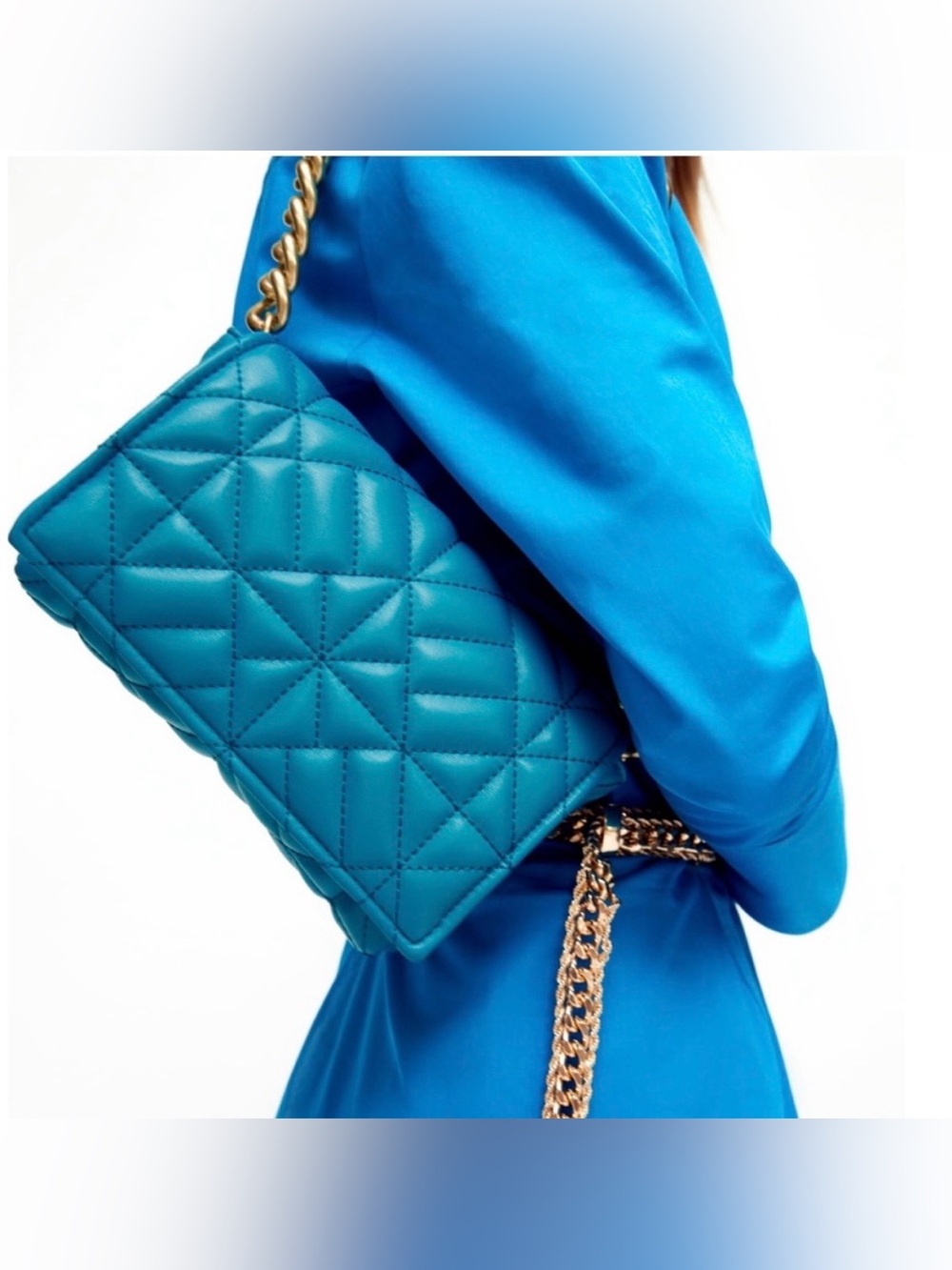 Zara Quilted Teal Shoulder Bag with Gold Chain Strap NWT